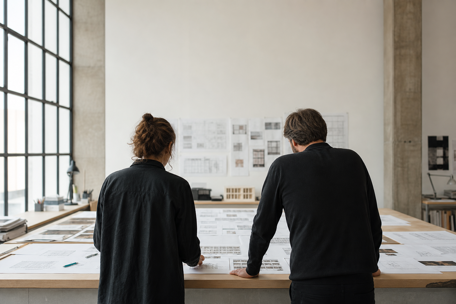 Architectes examinant des esquisses d'élévation de façade et des modules de fenêtres à une table de travail en lumière naturelle